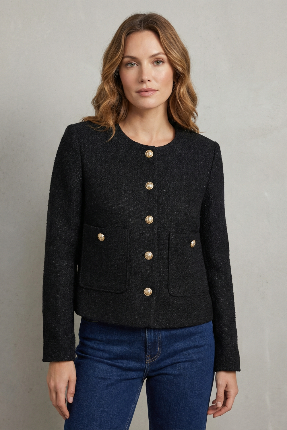 Montarello Women's Cropped Blazer with Round Neck and Gold Buttons