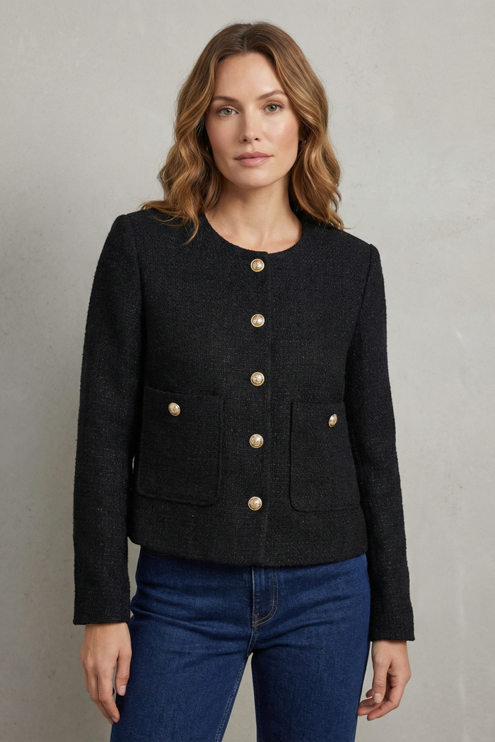 Montarello Women's Cropped Blazer with Round Neck and Gold Buttons