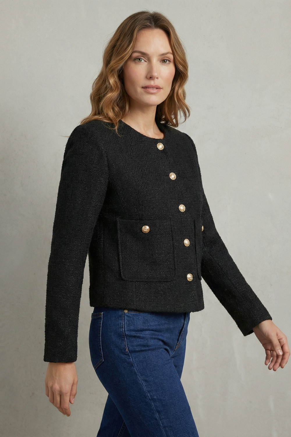 Montarello Women's Cropped Blazer with Round Neck and Gold Buttons
