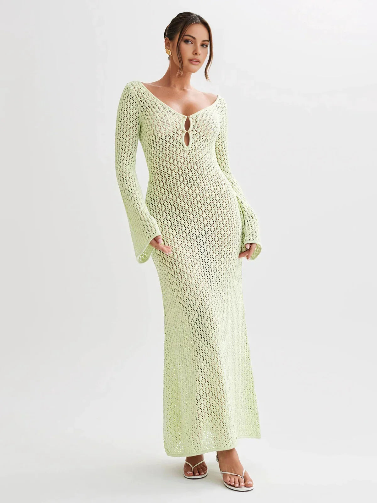 Montarello Women's Crochet Long Sleeve Maxi Beach Cover-Up Dress