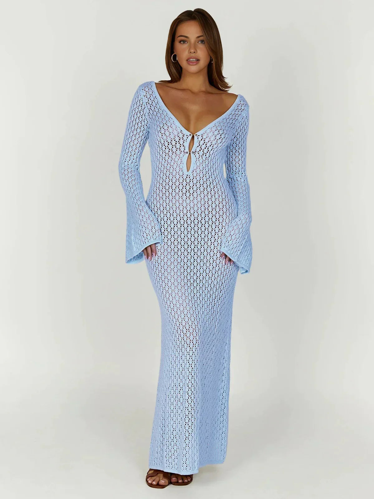 Montarello Women's Crochet Long Sleeve Maxi Beach Cover-Up Dress