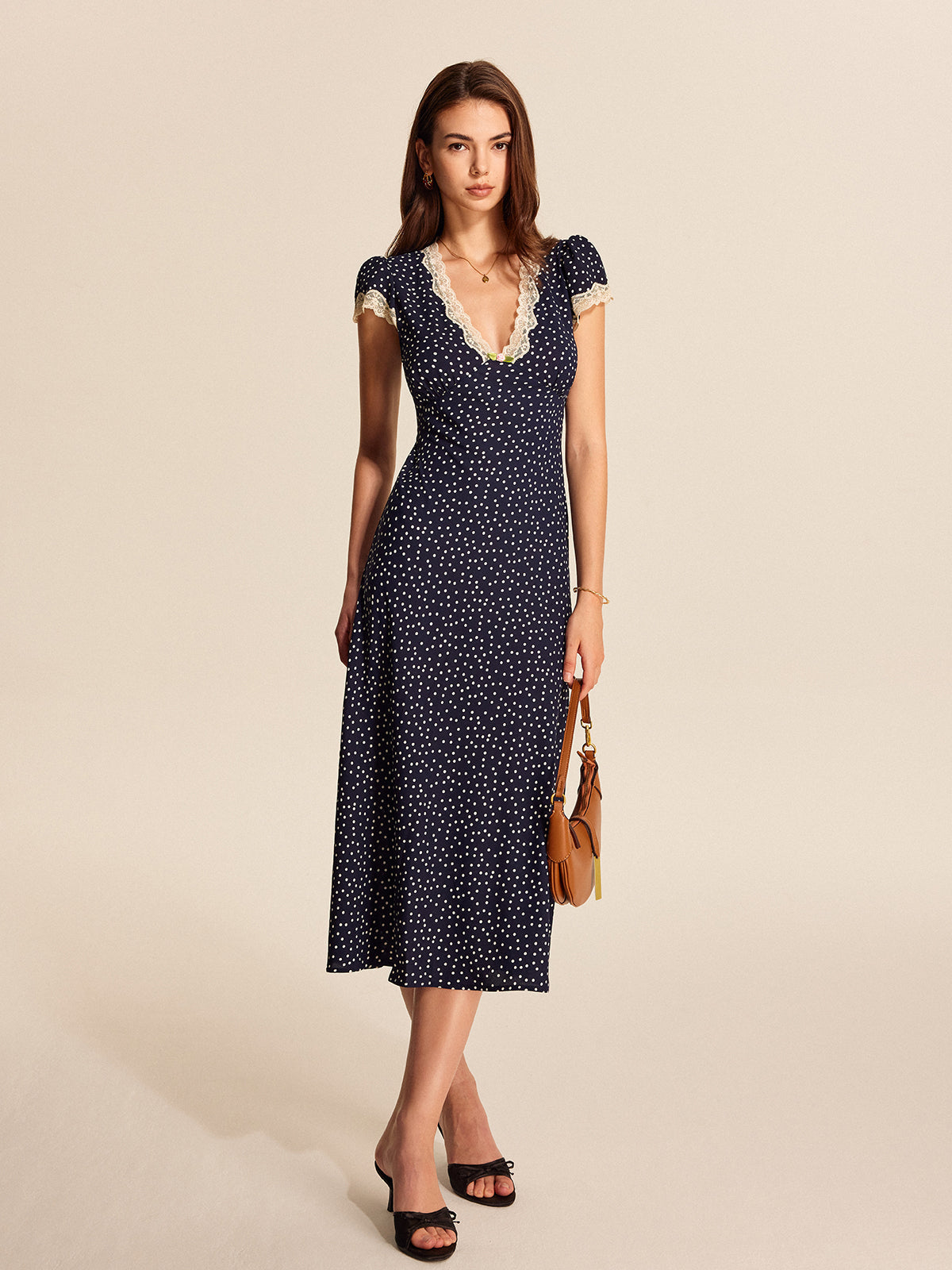 Montarello Women's Polka Dot Lace-Trim V-Neck Maxi Dress