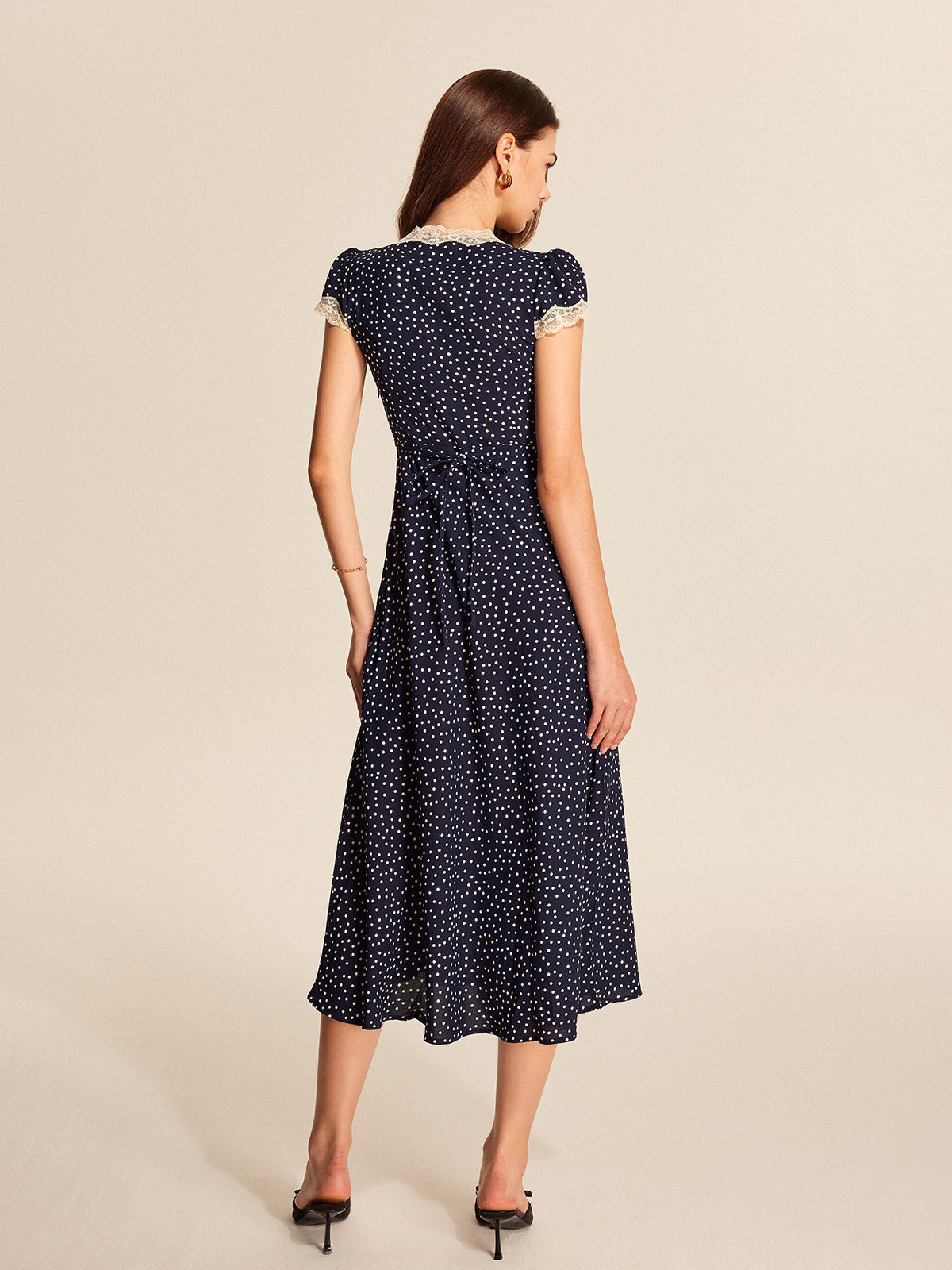 Montarello Women's Polka Dot Lace-Trim V-Neck Maxi Dress