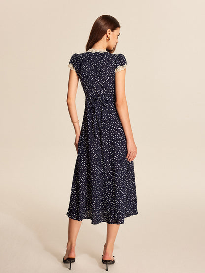 Montarello Women's Polka Dot Lace-Trim V-Neck Maxi Dress