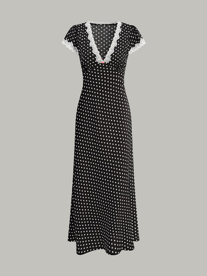 Montarello Women's Polka Dot Lace-Trim V-Neck Maxi Dress