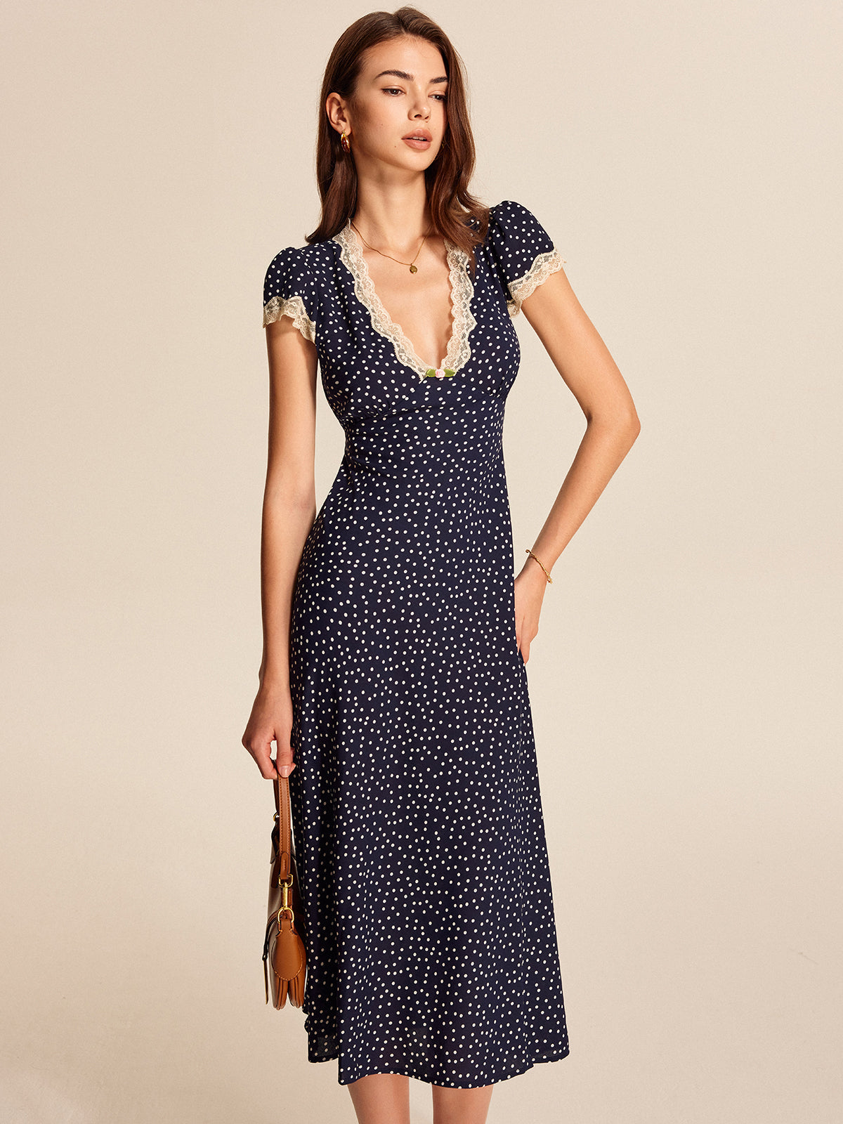 Montarello Women's Polka Dot Lace-Trim V-Neck Maxi Dress