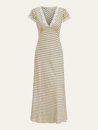 Montarello Women's Polka Dot Lace-Trim V-Neck Maxi Dress