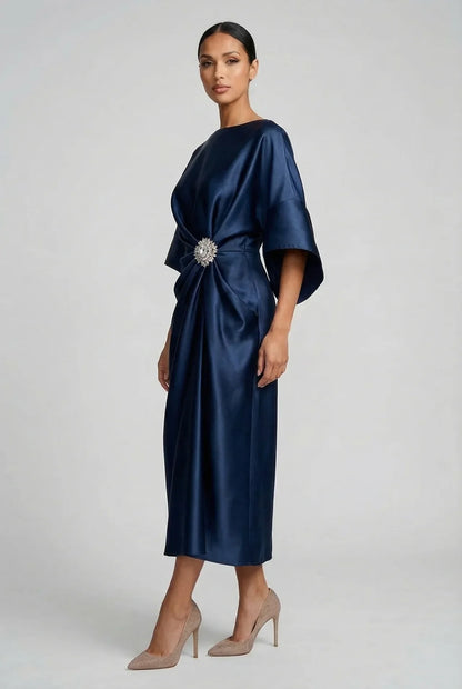Montarello Women's Satin-Look Batwing Sleeve Wedding Guest Midi Dress