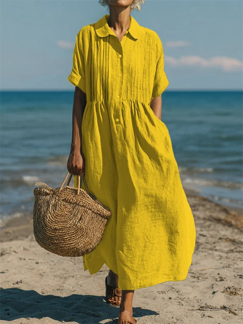 Montarello Women's Short-Sleeve Linen-Look Collared Midi Shirt Dress