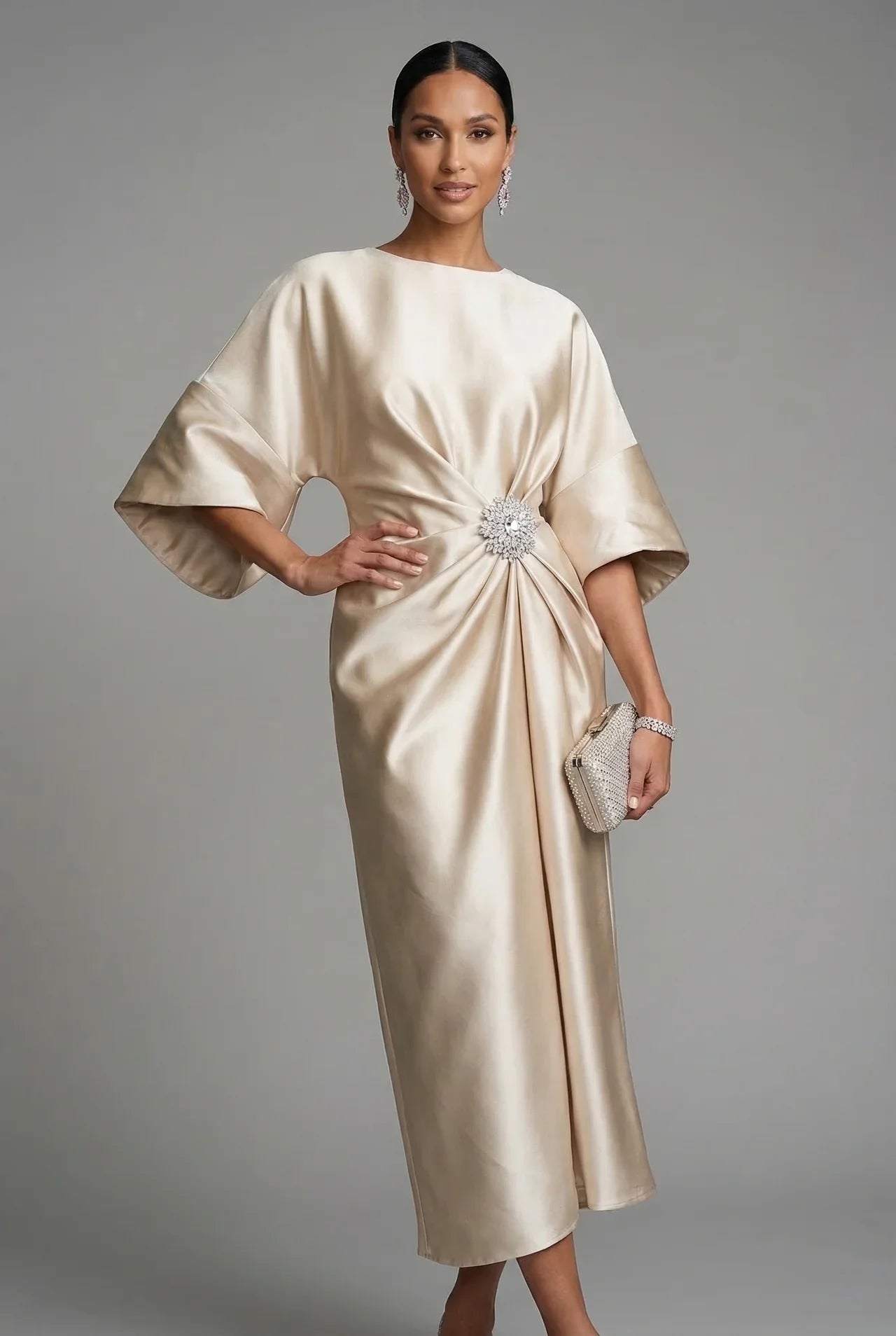 Montarello Women's Satin-Look Batwing Sleeve Wedding Guest Midi Dress
