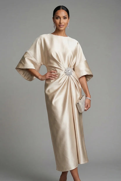 Montarello Women's Satin-Look Batwing Sleeve Wedding Guest Midi Dress