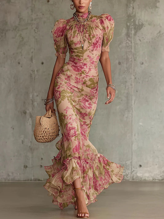 Montarello Women's Floral Puff Sleeve Maxi Dress – Wedding Guest Style