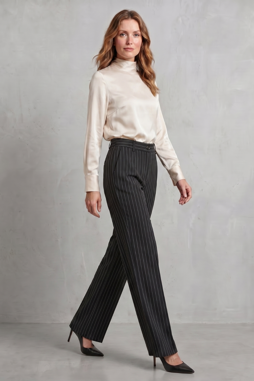 Montarello Women's Pinstripe Trousers Wide Leg High Waist