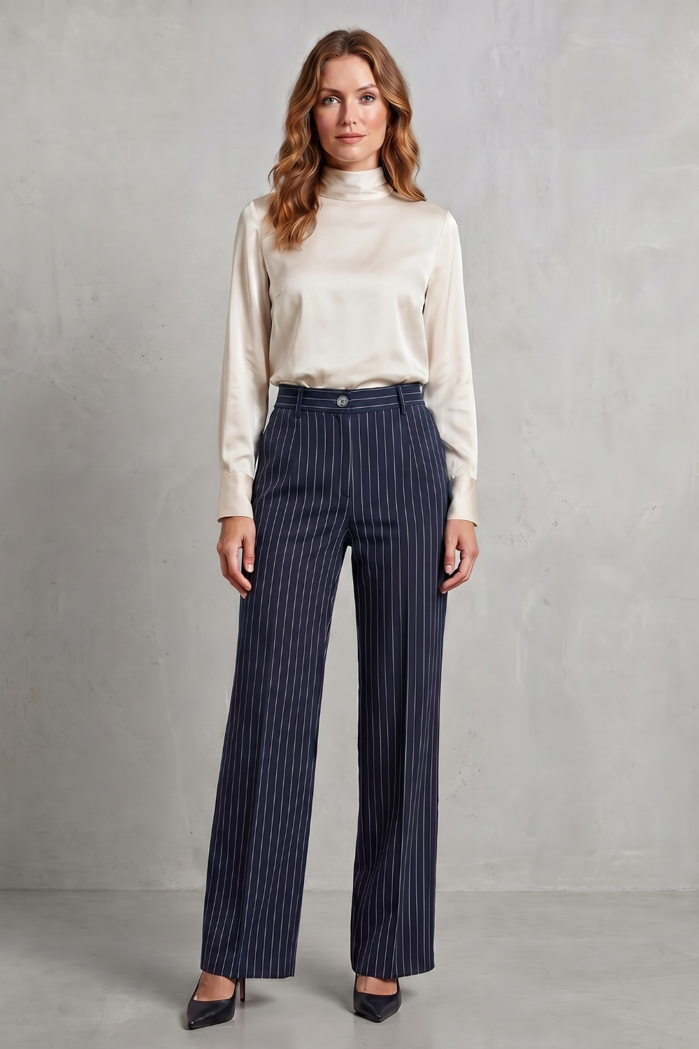 Montarello Women's Pinstripe Trousers Wide Leg High Waist