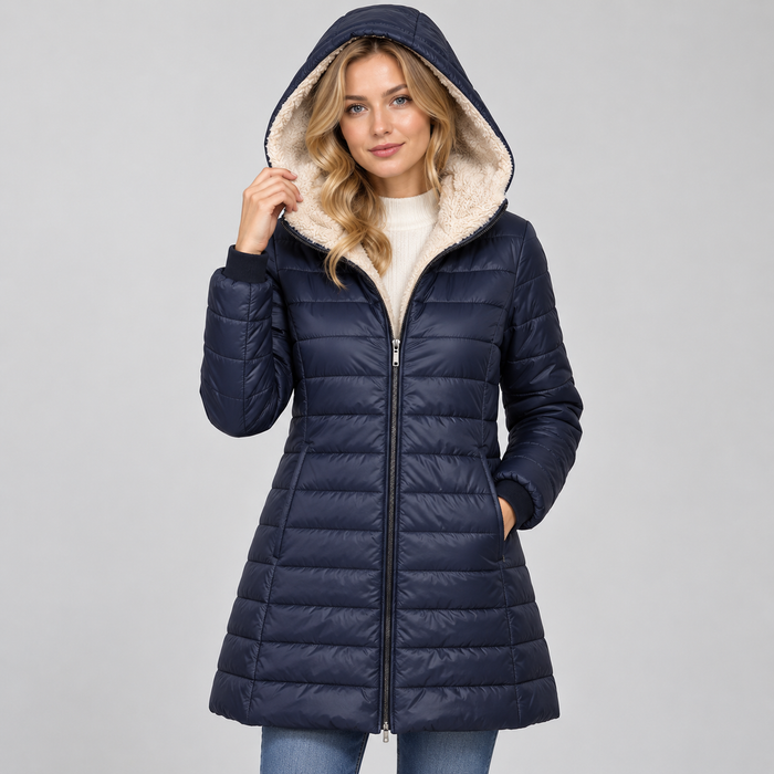 Montarello Women's Coat Hooded Padded Fleece Lined Mid-Length