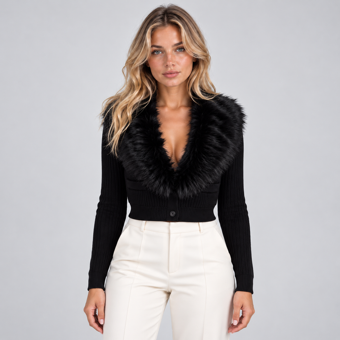 Montarello Women's Cardigan Faux Fur Collar Button Front