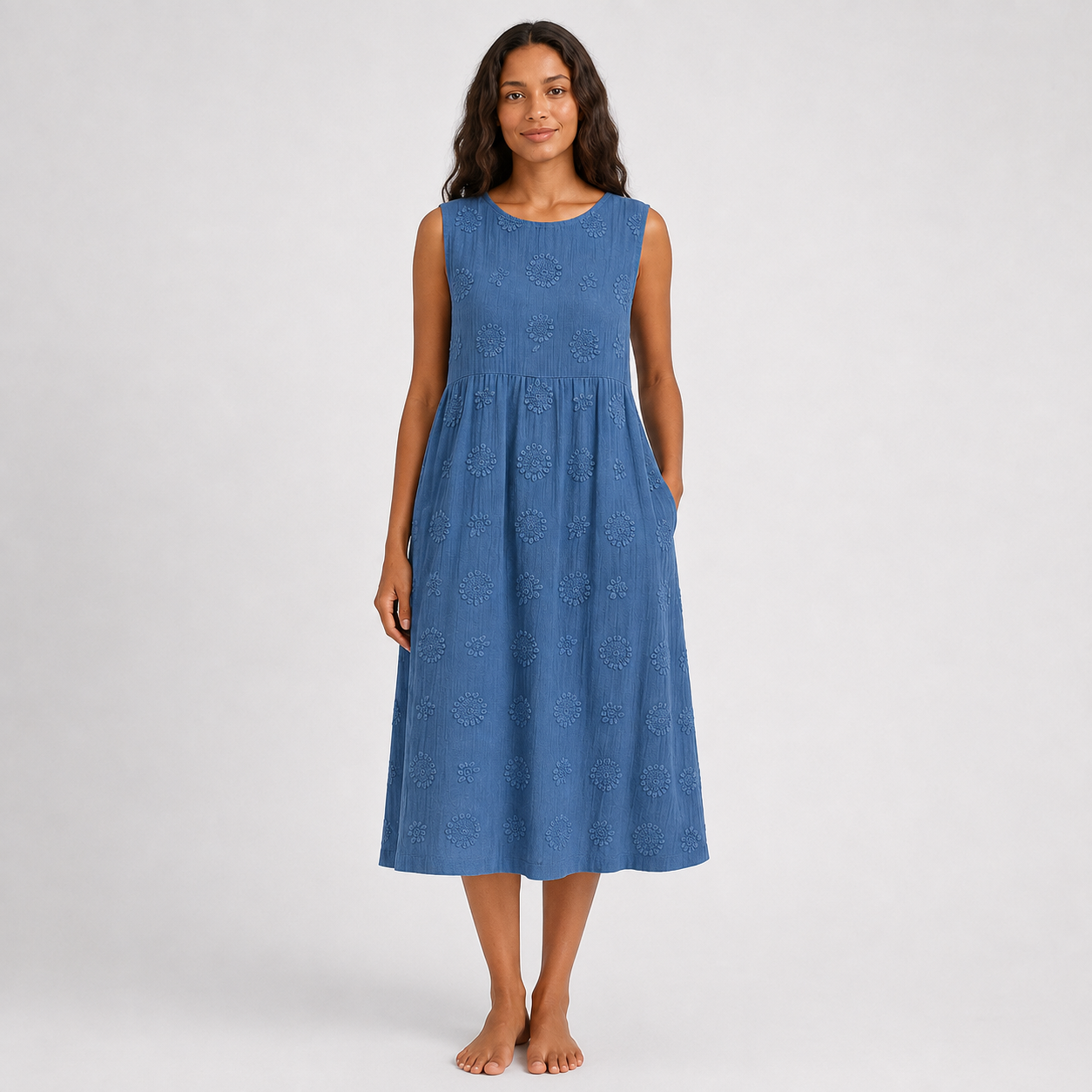 Montarello Women's Sleeveless Embroidered-Look Cotton-Feel Midi Dress