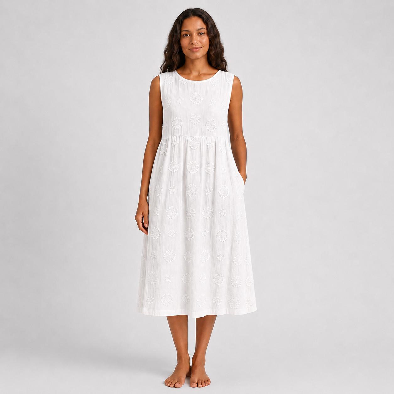 Montarello Women's Sleeveless Embroidered-Look Cotton-Feel Midi Dress