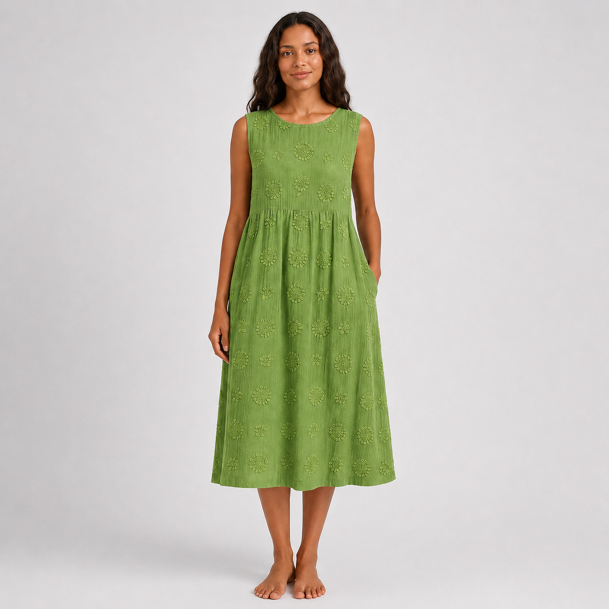 Montarello Women's Sleeveless Embroidered-Look Cotton-Feel Midi Dress