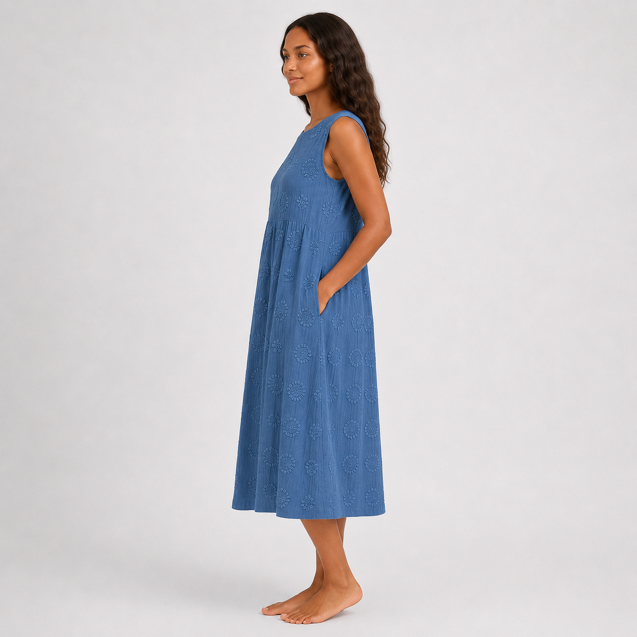 Montarello Women's Sleeveless Embroidered-Look Cotton-Feel Midi Dress