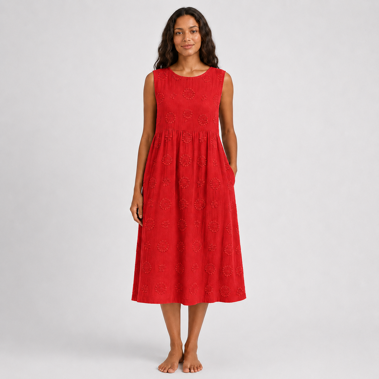 Montarello Women's Sleeveless Embroidered-Look Cotton-Feel Midi Dress