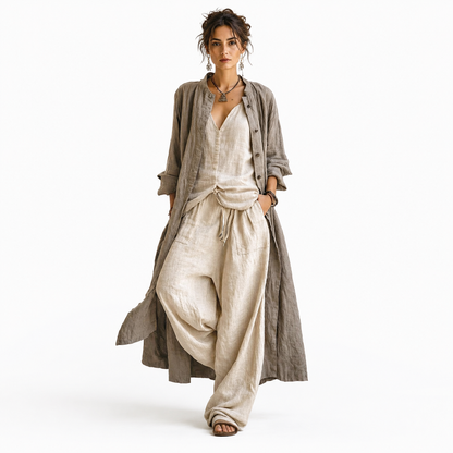 Montarello Women's Cotton Linen 3-Piece Co-Ord Set with Longline Cardigan