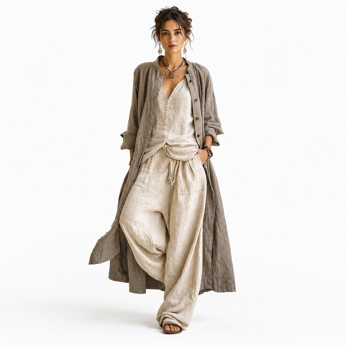Montarello Women's Cotton Linen 3-Piece Co-Ord Set with Longline Cardigan