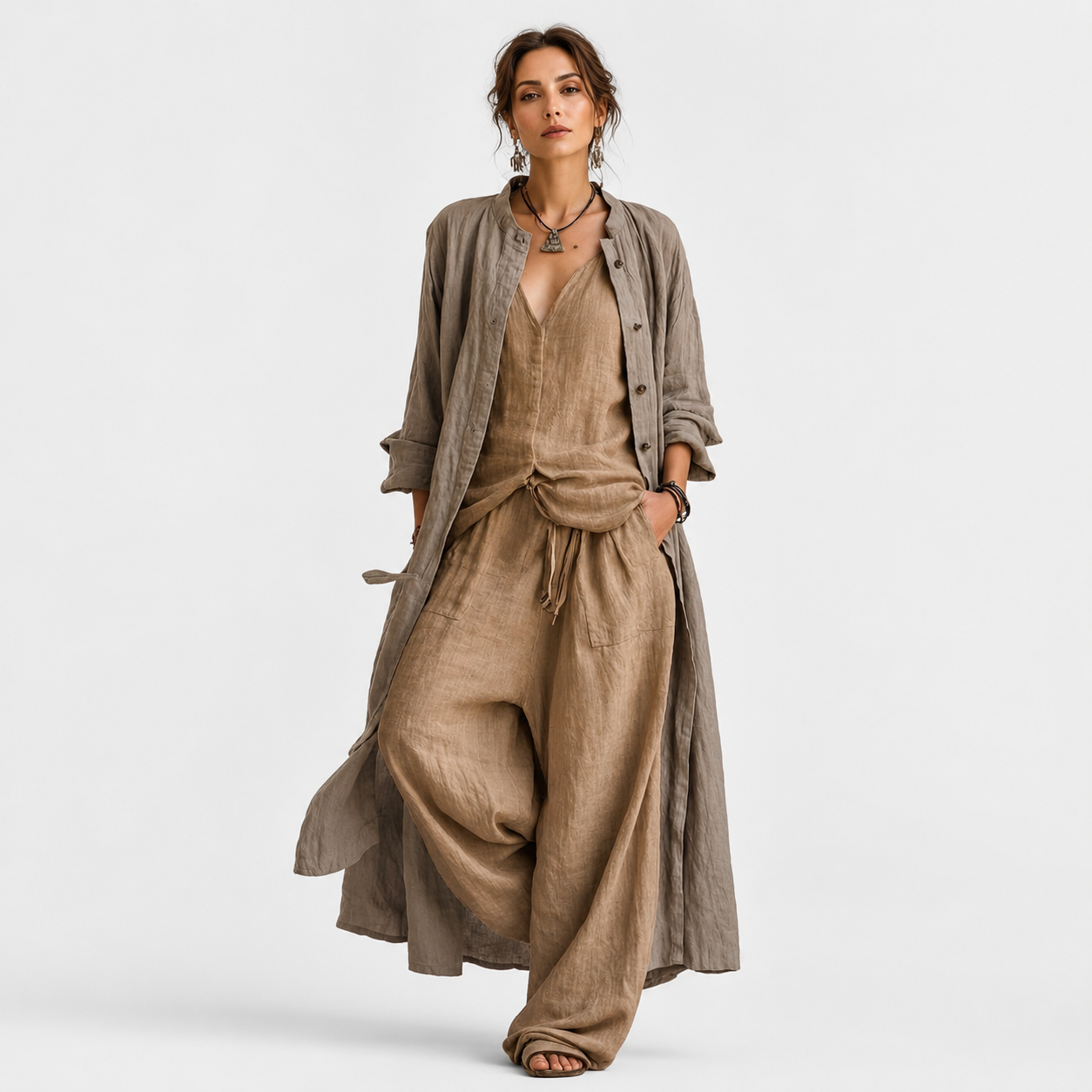 Montarello Women's Cotton Linen 3-Piece Co-Ord Set with Longline Cardigan