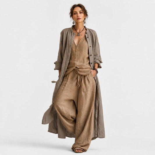 Montarello Women's Cotton Linen 3-Piece Co-Ord Set with Longline Cardigan
