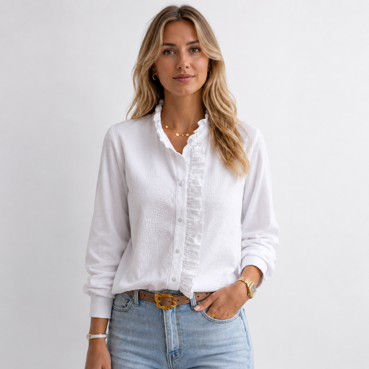 Blouse à manches longues avec volants sur le devant pour femme Montarello