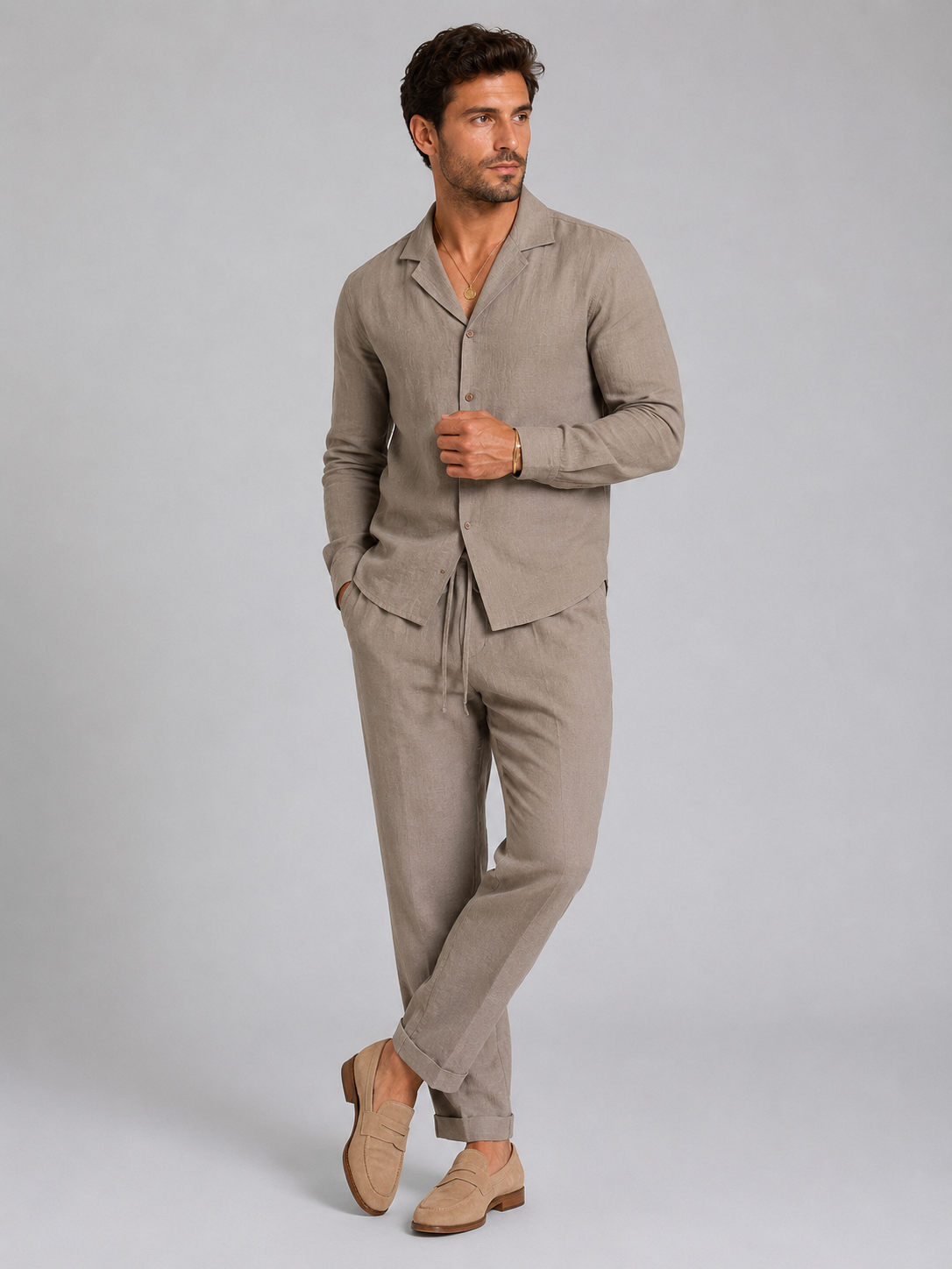 Montarello Men's Linen-Look Shirt & Trousers Set