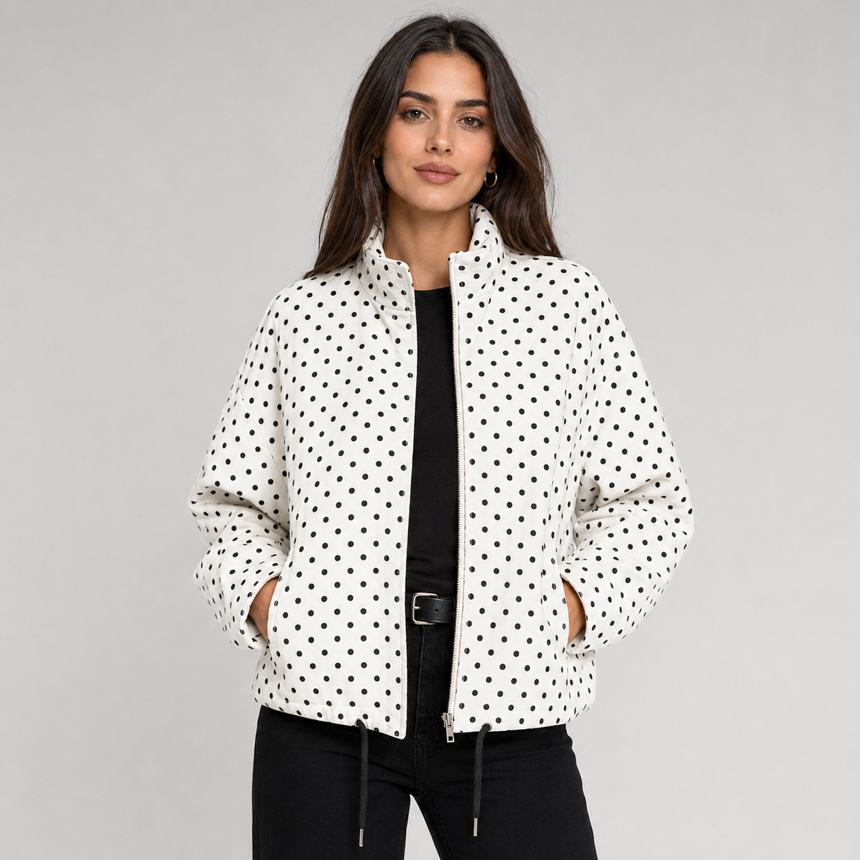 Montarello Women's Bomber Jacket Polka Dot Oversized Cropped Zip Up