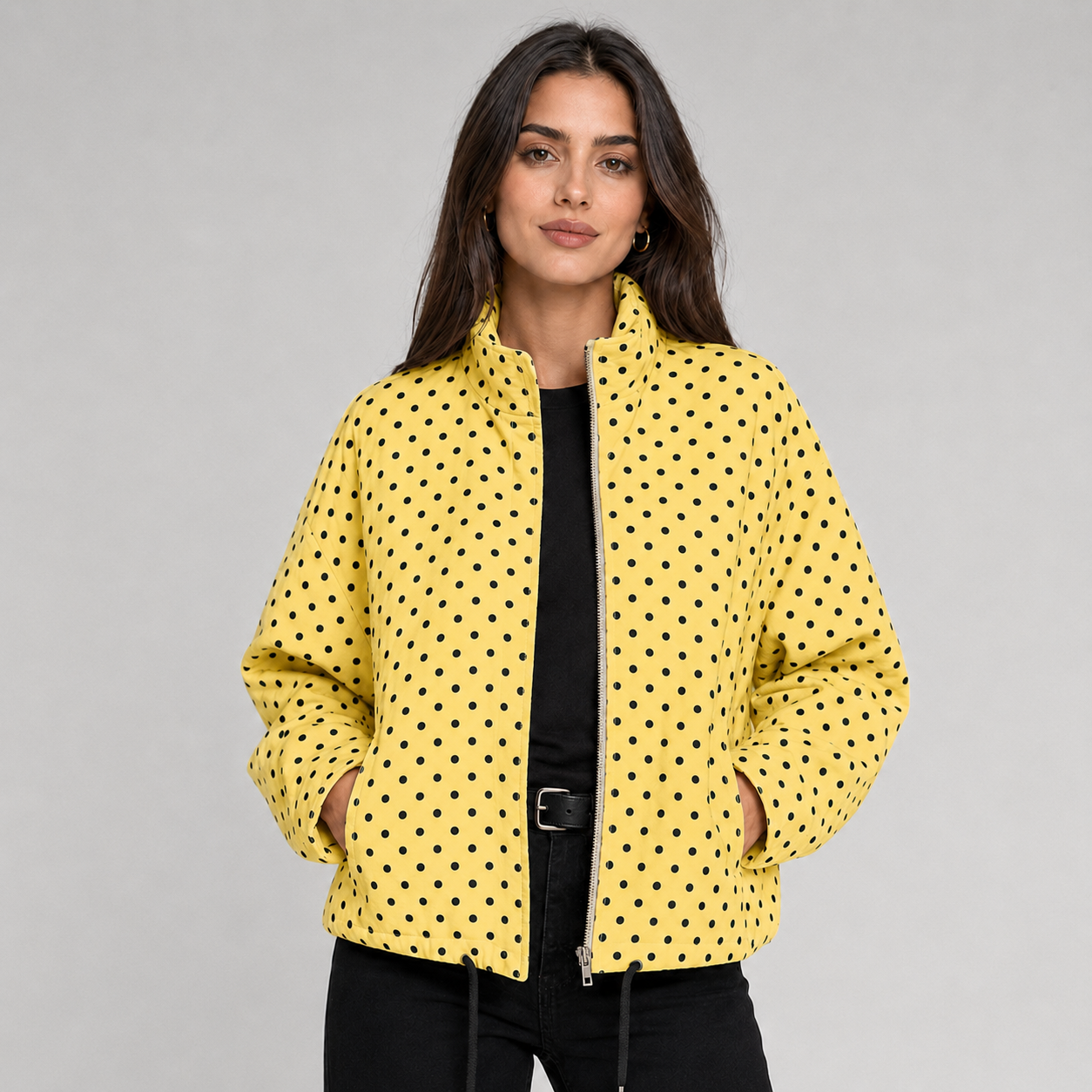 Montarello Women's Bomber Jacket Polka Dot Oversized Cropped Zip Up