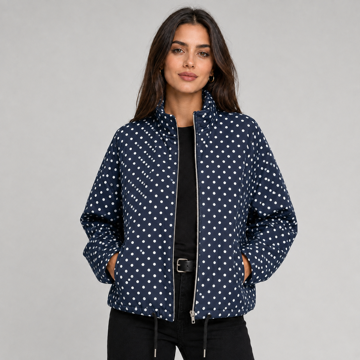Montarello Women's Bomber Jacket Polka Dot Oversized Cropped Zip Up