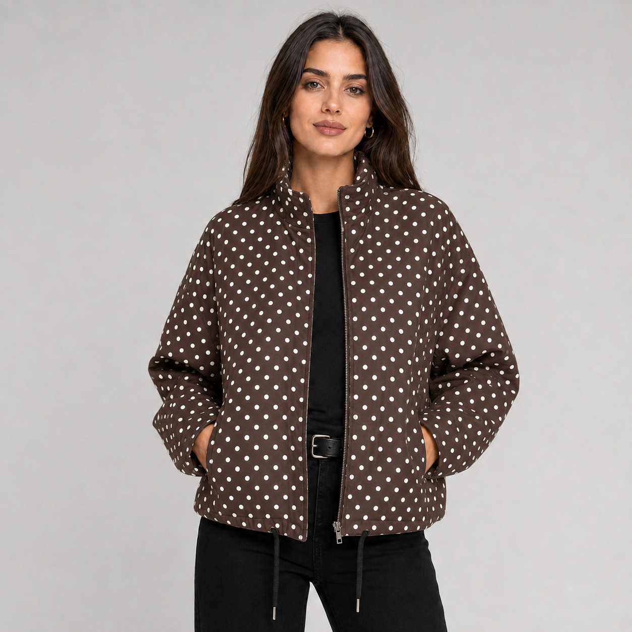 Montarello Women's Bomber Jacket Polka Dot Oversized Cropped Zip Up
