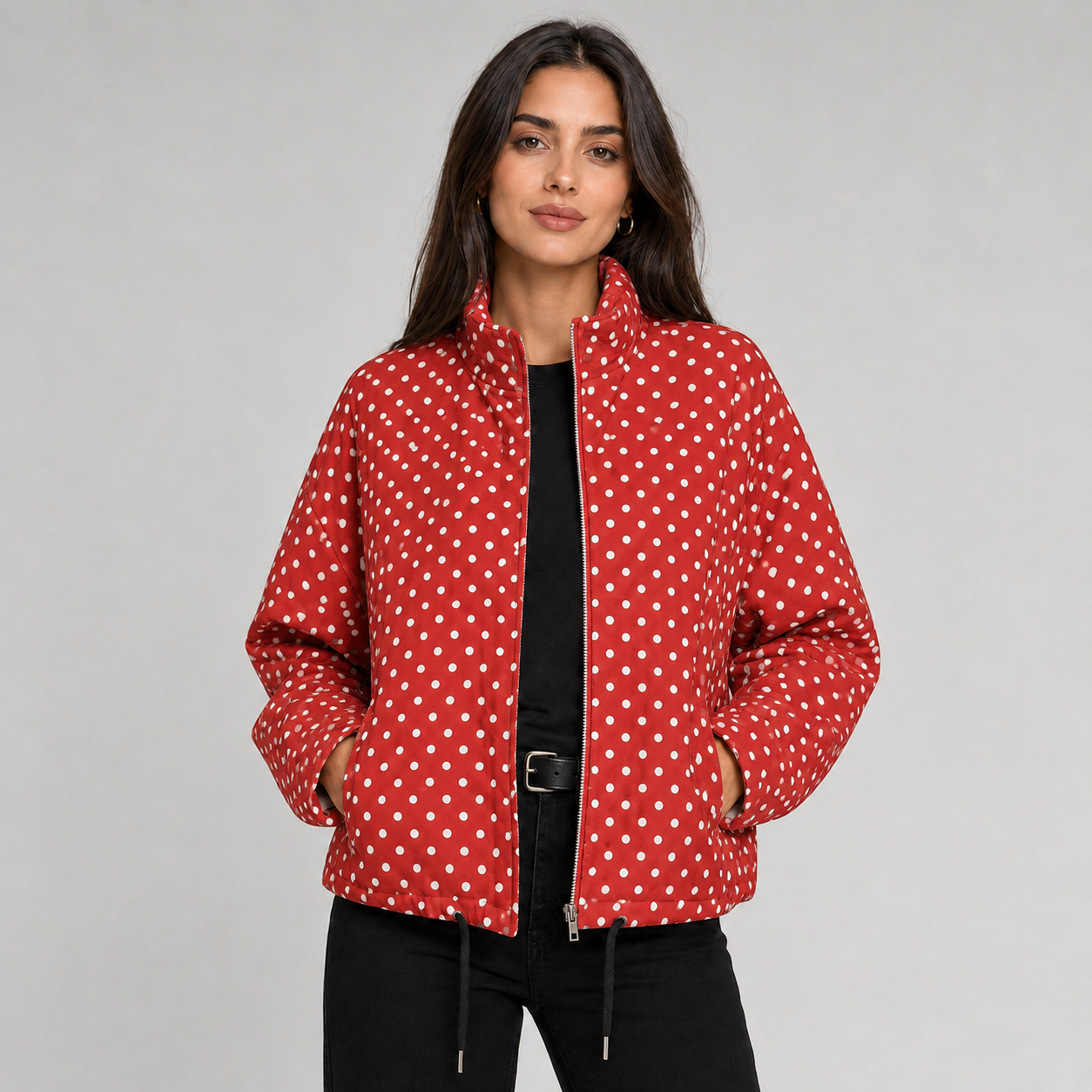 Montarello Women's Bomber Jacket Polka Dot Oversized Cropped Zip Up