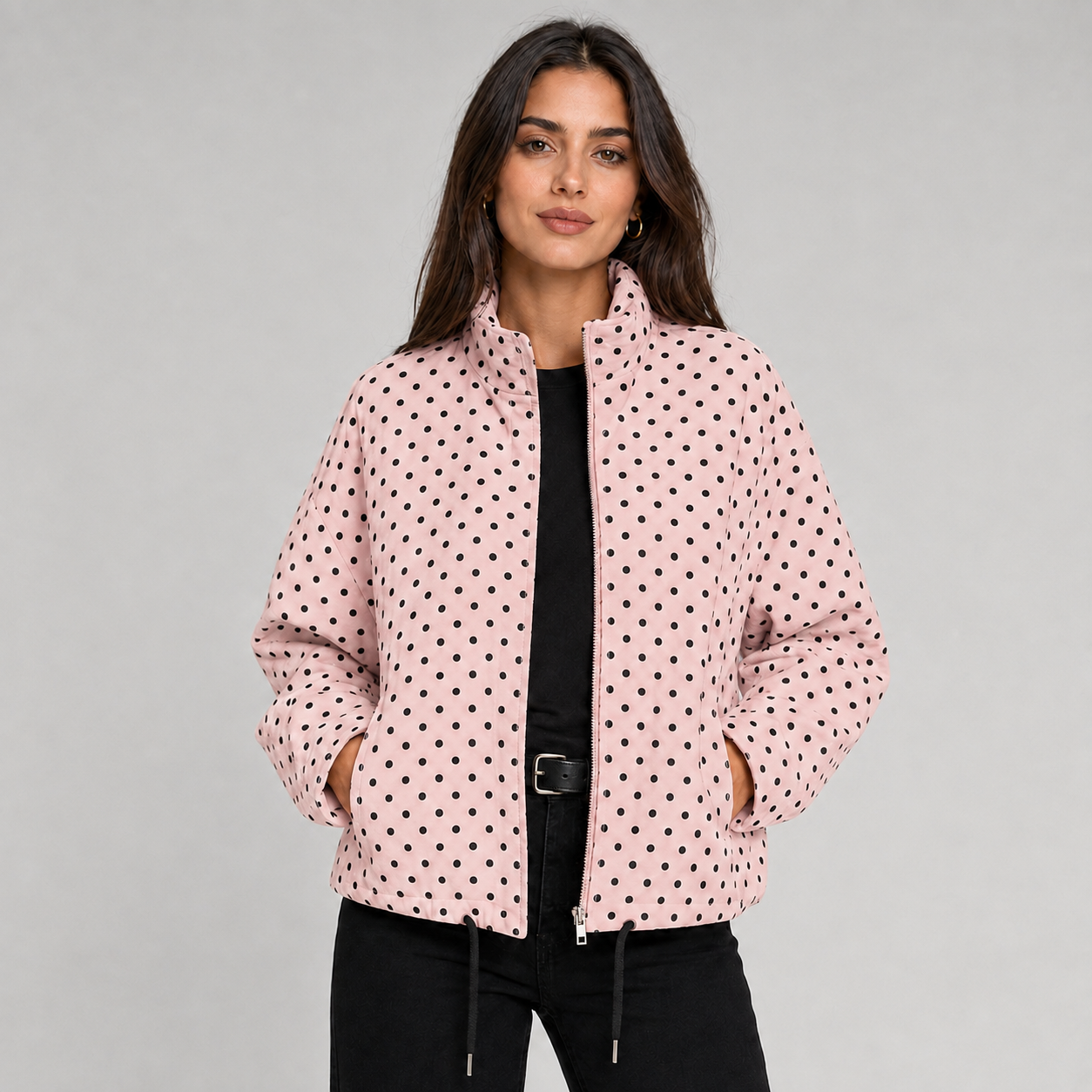 Montarello Women's Bomber Jacket Polka Dot Oversized Cropped Zip Up