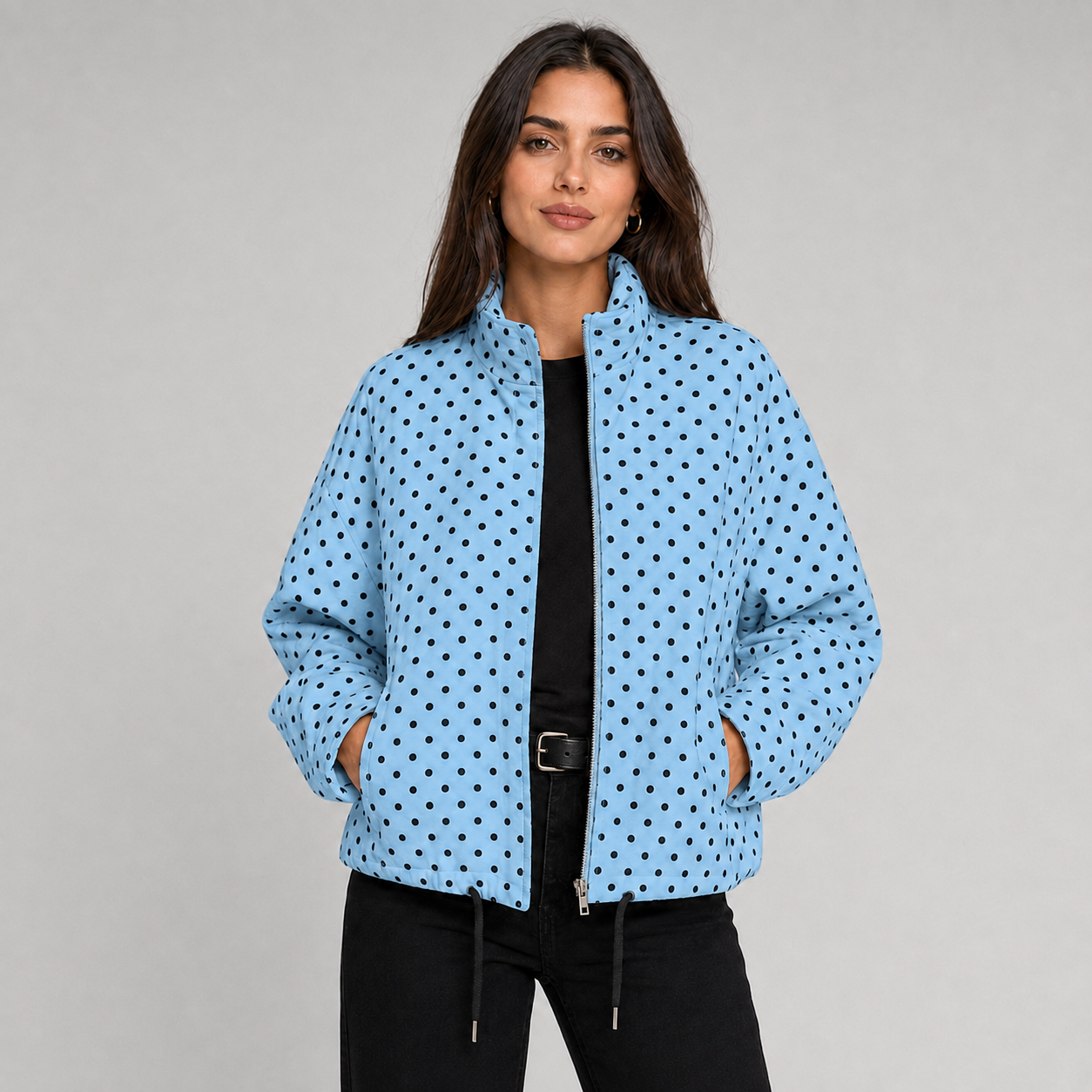 Montarello Women's Bomber Jacket Polka Dot Oversized Cropped Zip Up