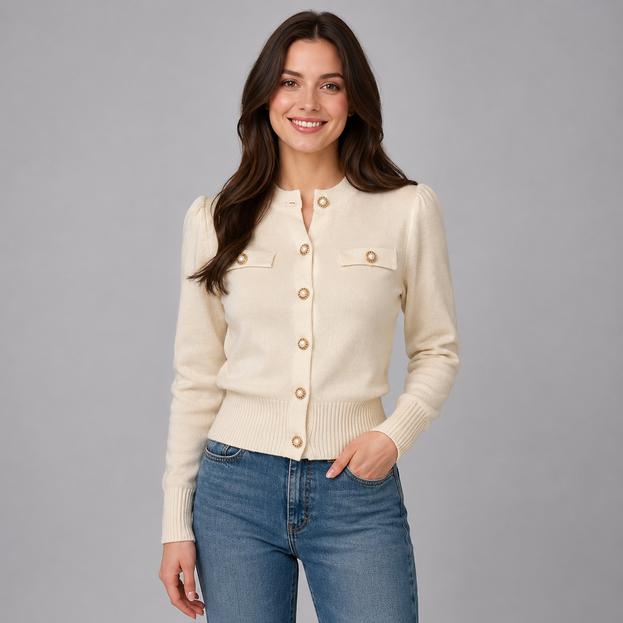 Montarello Women's Cardigan Cropped Round Neck Gold Button