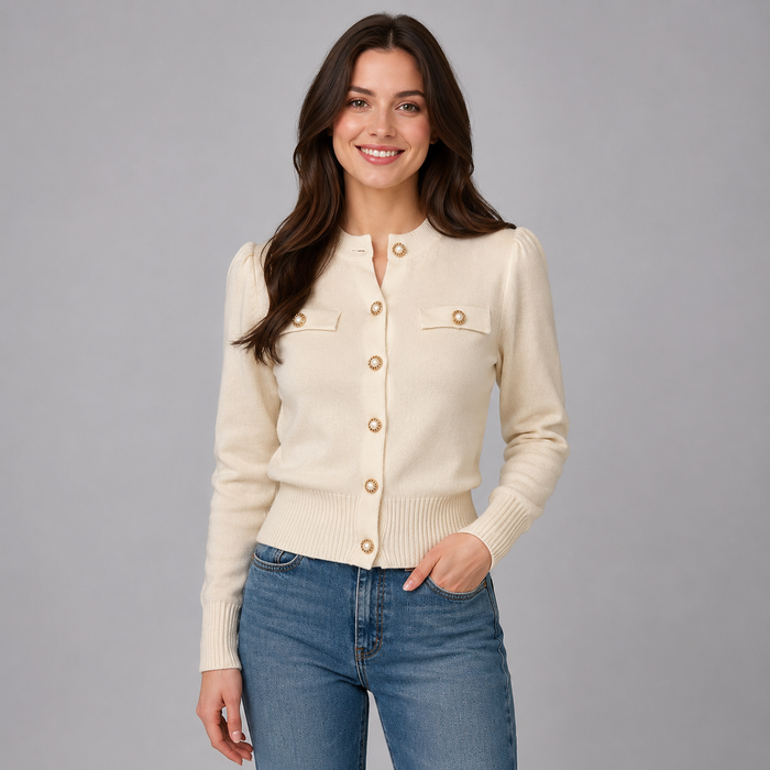 Montarello Women's Cardigan Cropped Round Neck Gold Button