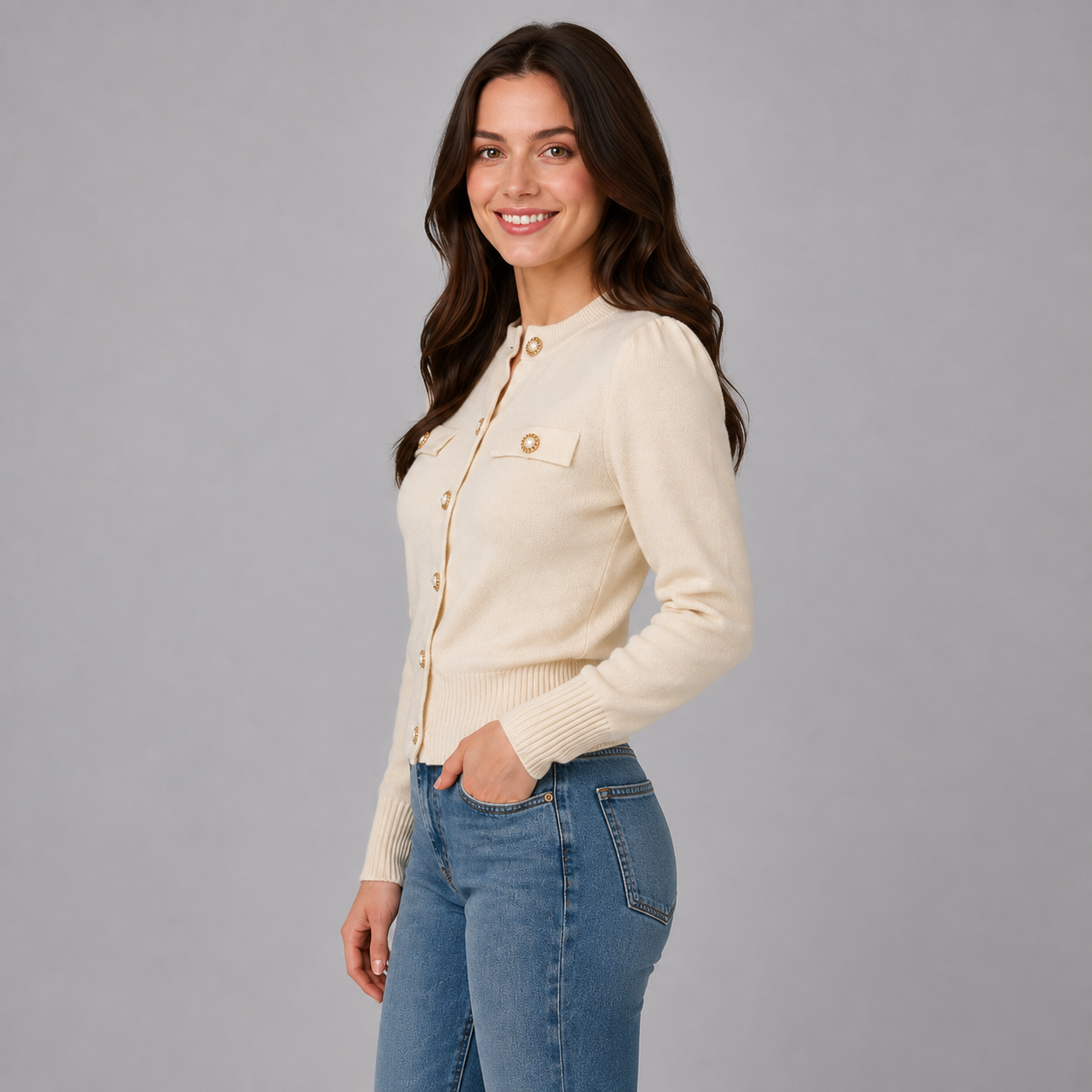 Montarello Women's Cardigan Cropped Round Neck Gold Button