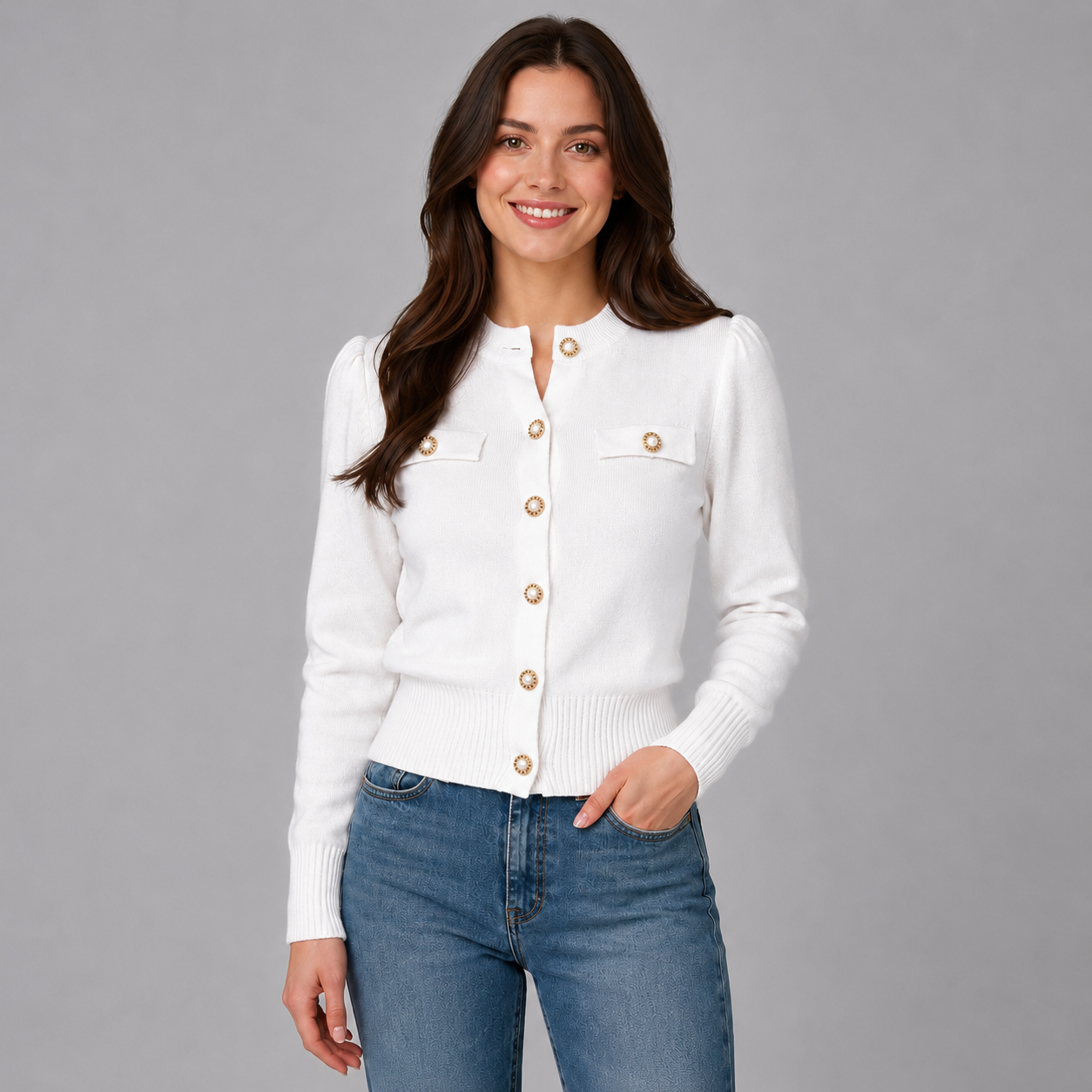 Montarello Women's Cardigan Cropped Round Neck Gold Button