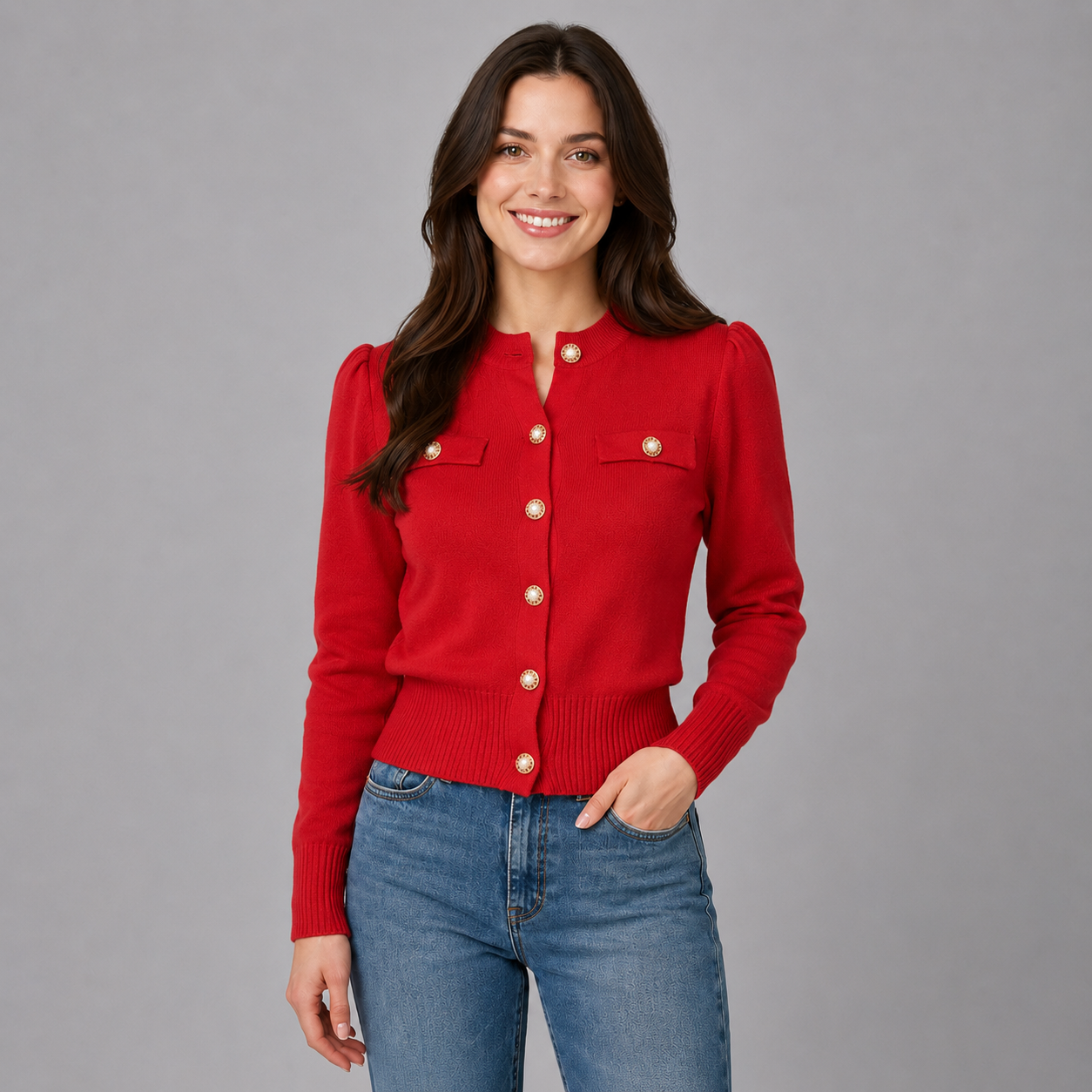 Montarello Women's Cardigan Cropped Round Neck Gold Button