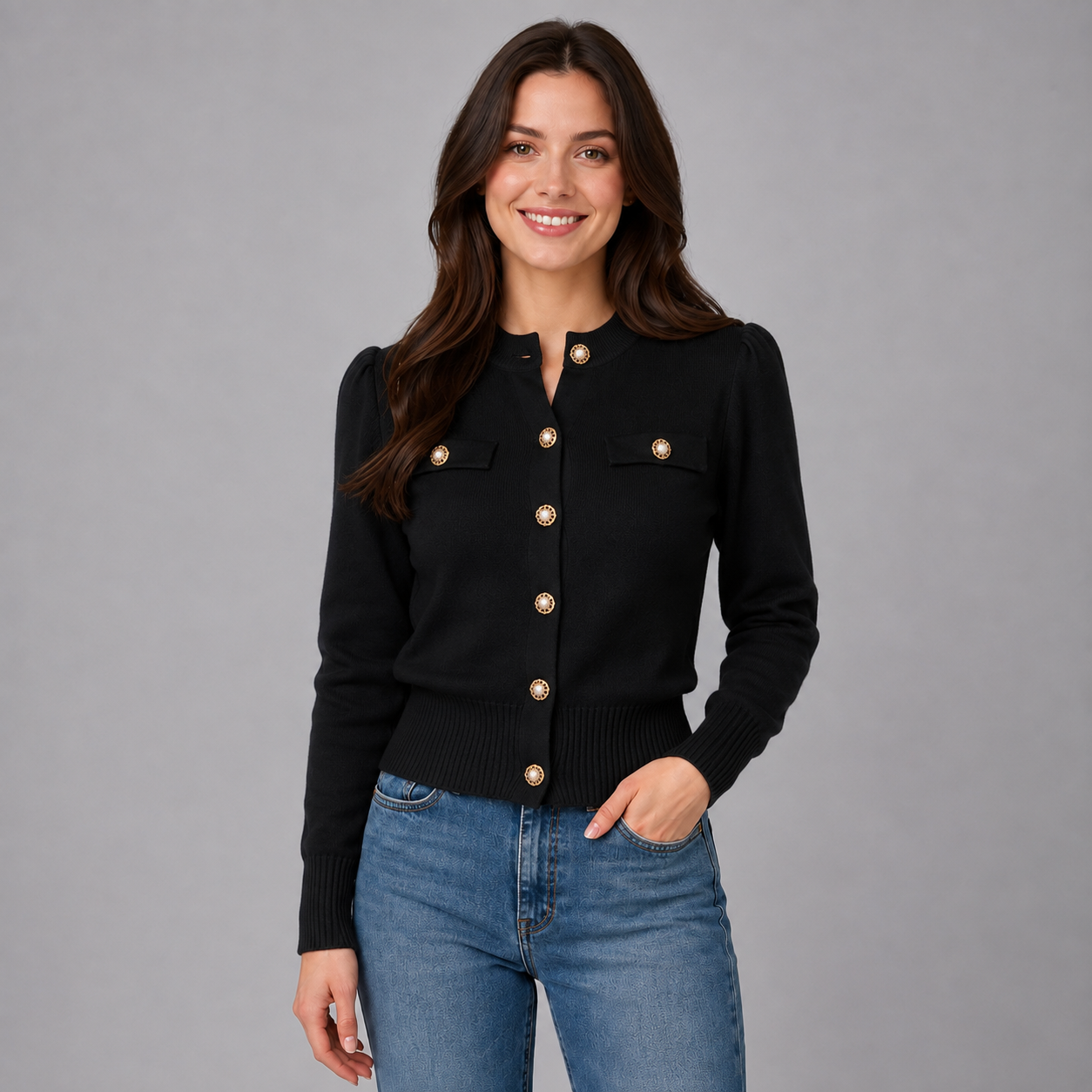 Montarello Women's Cardigan Cropped Round Neck Gold Button