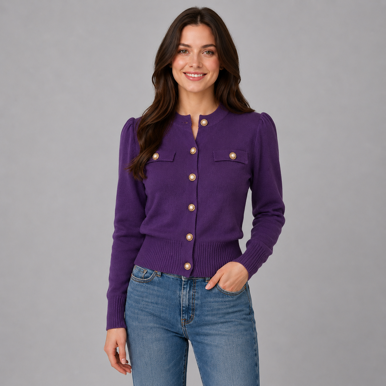 Montarello Women's Cardigan Cropped Round Neck Gold Button