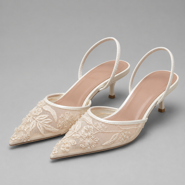 Montarello Women's Embroidered Mesh Kitten Heel Slingbacks