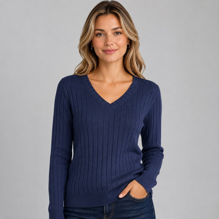 Montarello Women's Long Sleeve Top V-Neck Ribbed Brushed Knit
