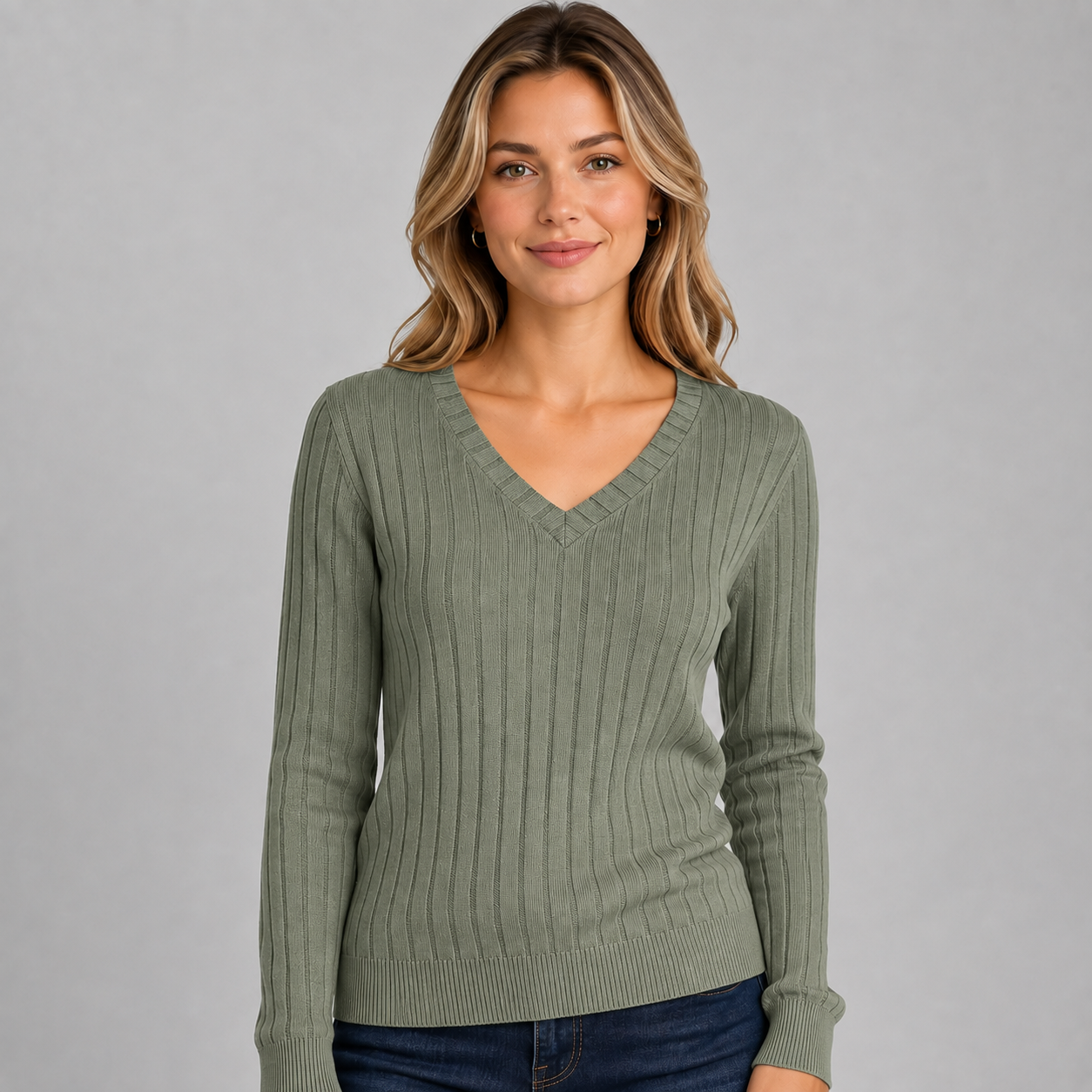 Montarello Women's Long Sleeve Top V-Neck Ribbed Brushed Knit