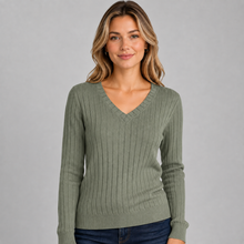 Montarello Women's Long Sleeve Top V-Neck Ribbed Brushed Knit