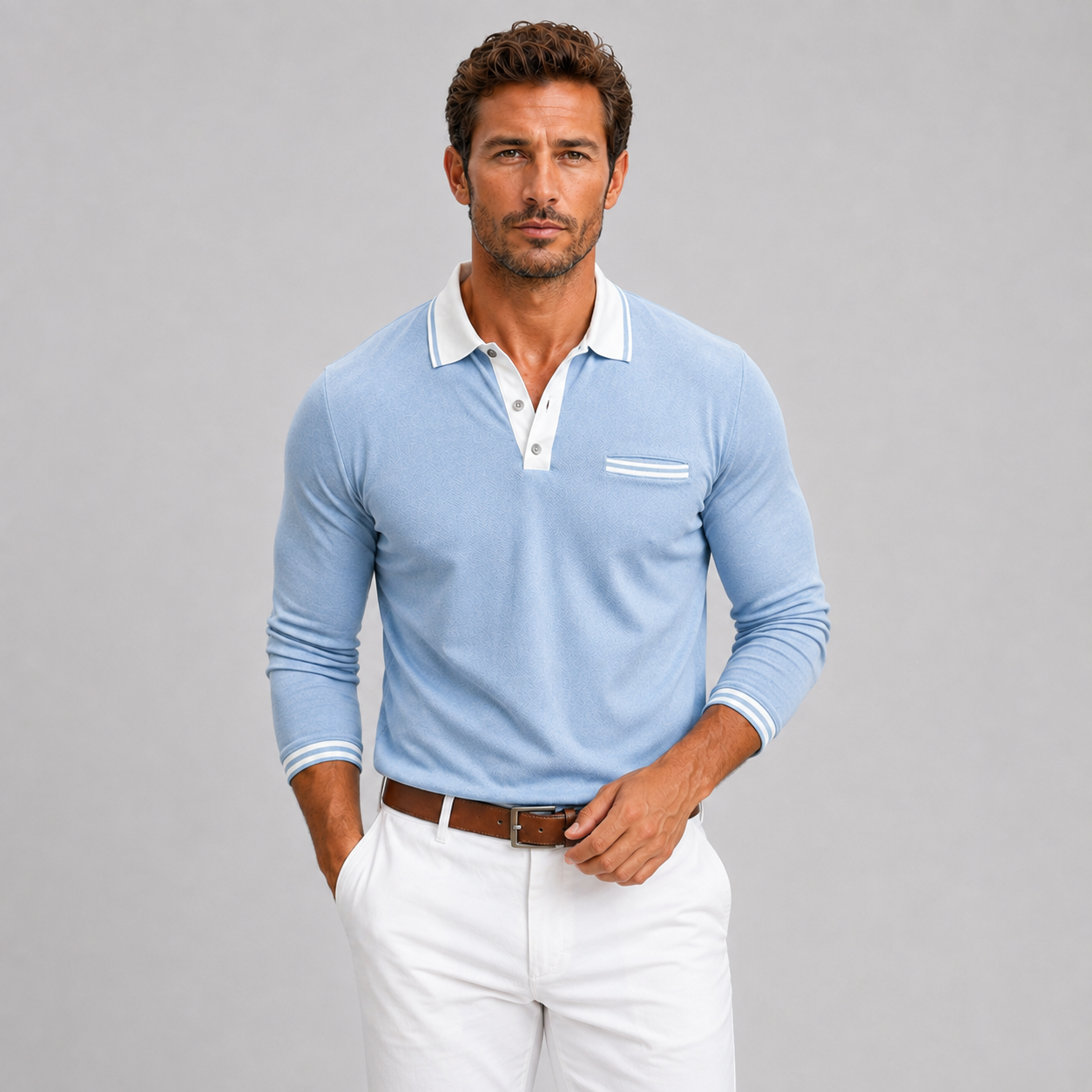 Montarello Men's Long Sleeve Polo Shirt Contrast Collar